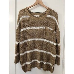 Onetheland Women's Tan White Stripe Knit Sweater Pocket Size S